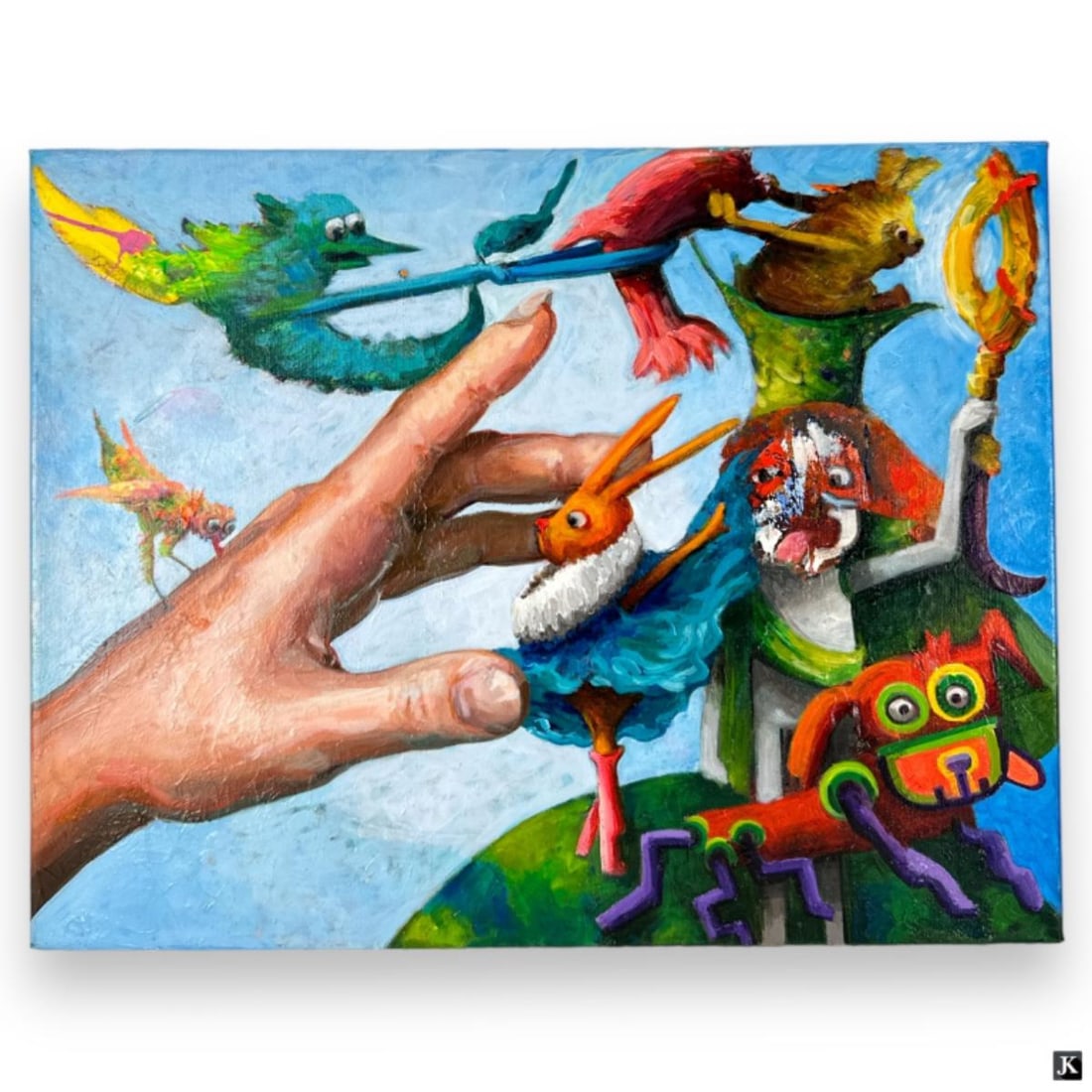 Dana Donaty (USA 20th/21st) "Hare Style" Oil/Canva: Dana Donaty (AMERICAN / FLORIDA, 20th/21st Century) oil painting on canvas having an abstract absurd scene depicting a human hand with animals titled "Hare Style". Signed, dated 2014 and titled to ver