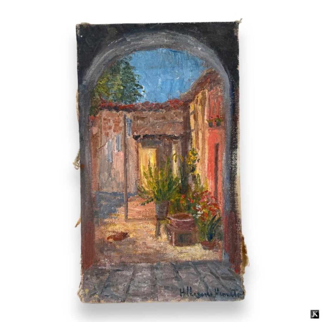 Hildegarde Hamilton (USA 1898-1970) Oil On Canvas: Hildegarde Hume Hamilton (AMERICAN / FLORIDA / VIRGINIA, 1898 - 1970) oil painting on canvas depicting a townscape scene. Signed to lower right. Unframed. Canvas on stretcher measures approx. 15" heig