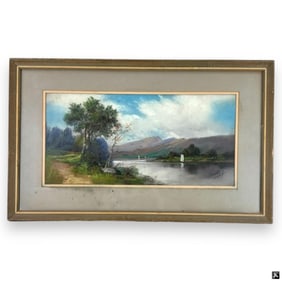 Signed Braley Antique Pastel Landscape Of River