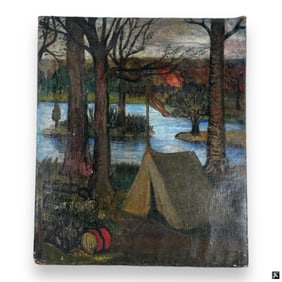 Antique Unsigned Oil On Canvas Of Camping Scene
