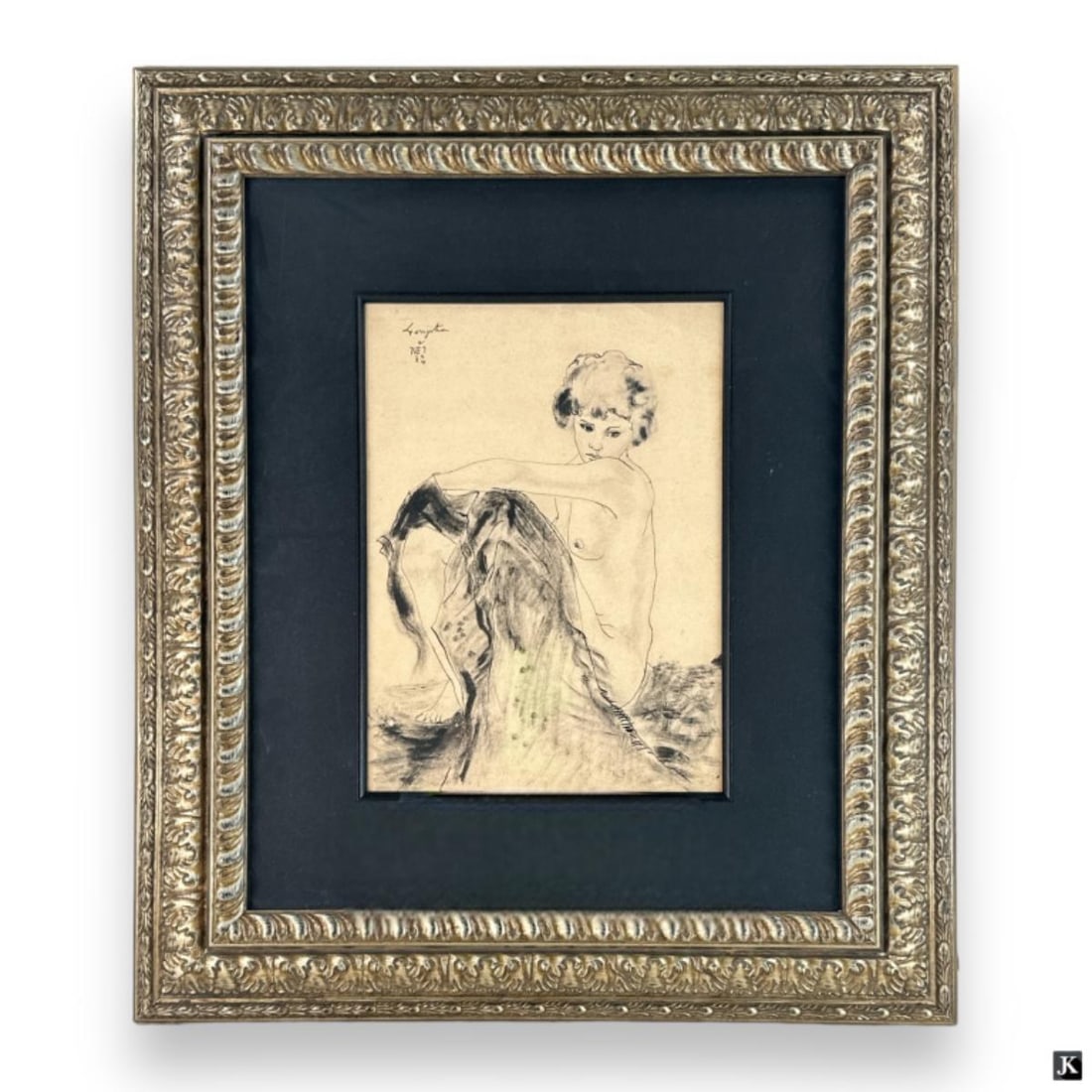 Signed Ink & Charcoal Study Of Nude Female Framed: An ink and charcoal work on paper depicting the study of a seated nude female with blanket. Signed illegibly to upper left. Mounted in a gold tone wooden frame with mat behind acrylic screen. Paper me