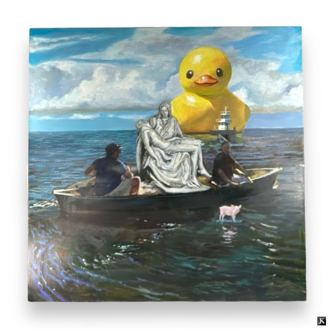 Laurent Dareau (USA 21st) Large Oil On Canvas: Laurent Dareau (FRENCH / AMERICAN / FLORIDA, 21st Century) large oil painting on canvas depicting a surrealist seascape scene depicting men in a canoe with "Pieta" marble statue, a pig on surfboard an
