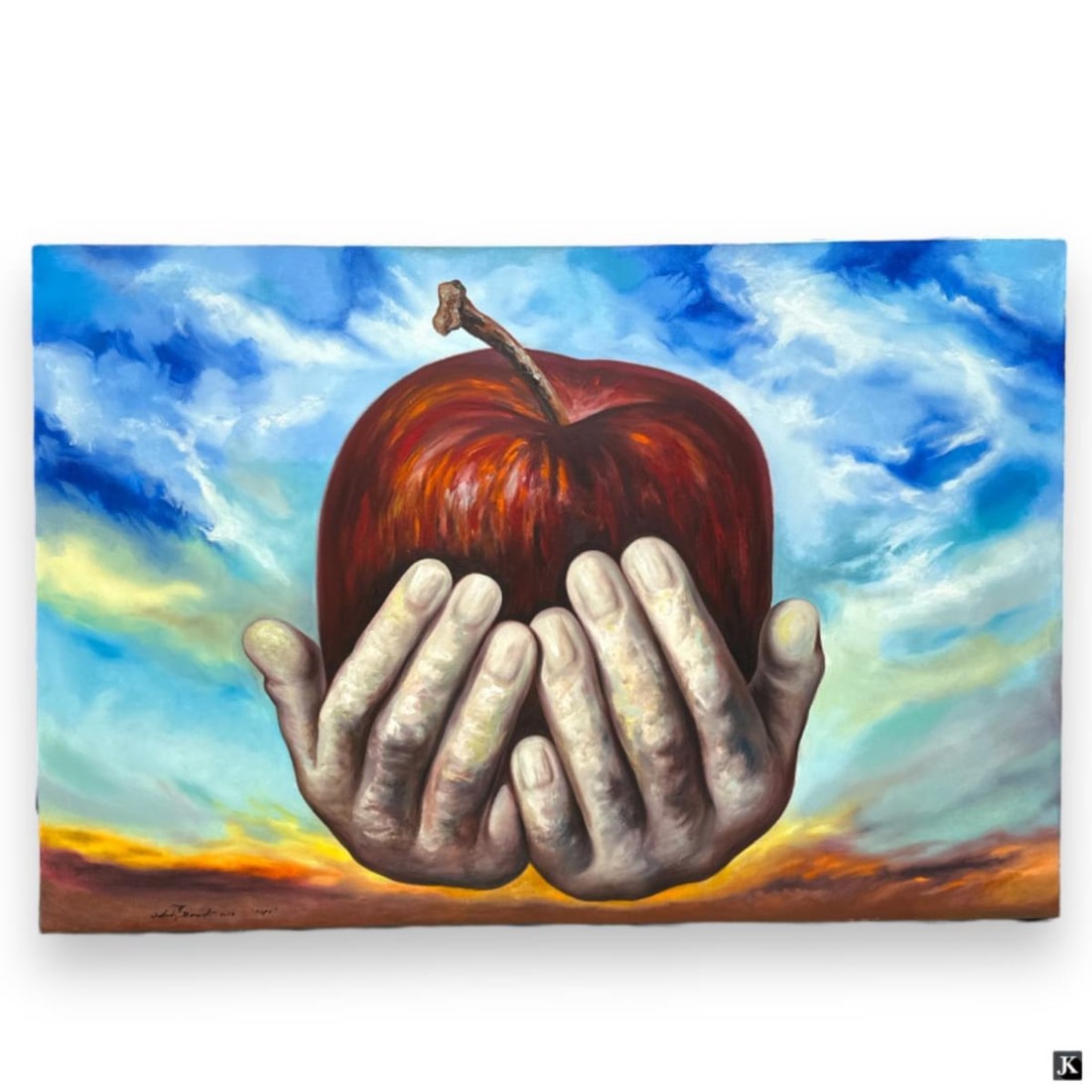 Singed Wilfredo Bonceli Large Oil Painting Canvas: A large surreal oil painting on canvas depicting a man with with paper bag on his head with a severed foot. Signed to lower right what appears to be Wilfredo Bonceli (?) and titled "The One Who Came W