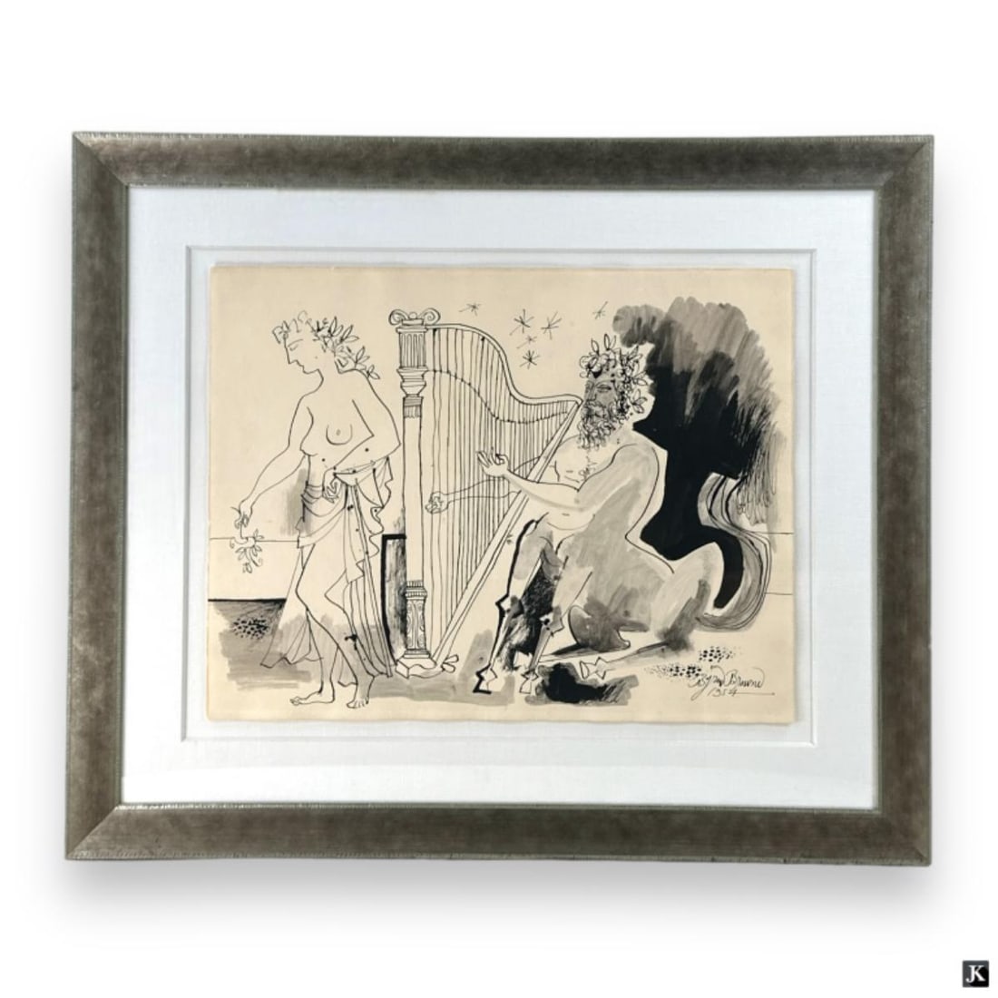 Byron Browne Ink / Paper "Pan With Harp": Byron (George Byron) Browne, American (1907 - 1961) Ink on paper. Depicts the Greek God Pan, playing harp for a partially nude Goddess. Signed and dated 1954, lower right. Framed under glass. Light to