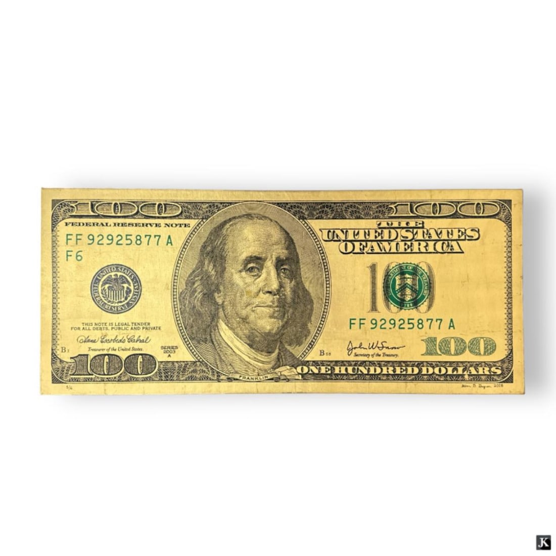 Steven Gagnon (USA B1973) "Golden Icon" Serigraph: Steven D. Gagnon (AMERICAN / FLORIDA, Born 1973) limited edition serigraph on gold foil on canvas titled "Golden Icon" depicting a $100 bill with a gold ground. Hand signed and dated 2008 to lower rig