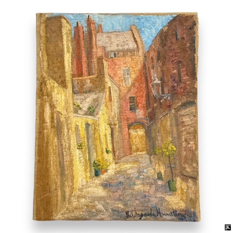 Hildegarde Hamilton Post Impressionist Oil/Canvas: Hildegarde Hume Hamilton, American (1898 - 1970) Post Impressionist oil on canvas "Goodwin's Court, London". Signed lower right, inscribed verso. Canvas measures 14" x 11", unframed. Overall good cond