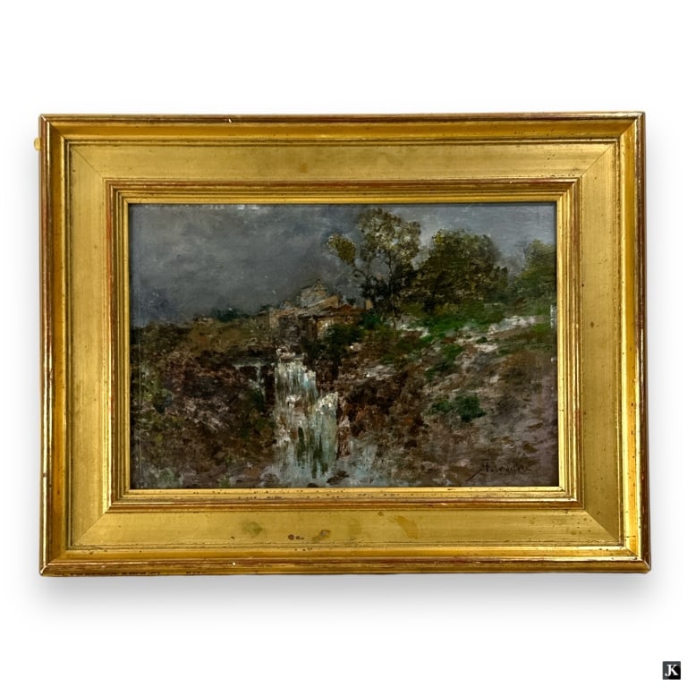 A. Cortes Oil on Board "Waterfall in Landscape": A. Cortes, Spanish (19 C) Oil on Board "Waterfall in Landscape". Signed lower right. Measures 9-3/4" x 14-1/4", frame measures 14-1/2" x 19". Good antique condition.JD/B13/SH:6B