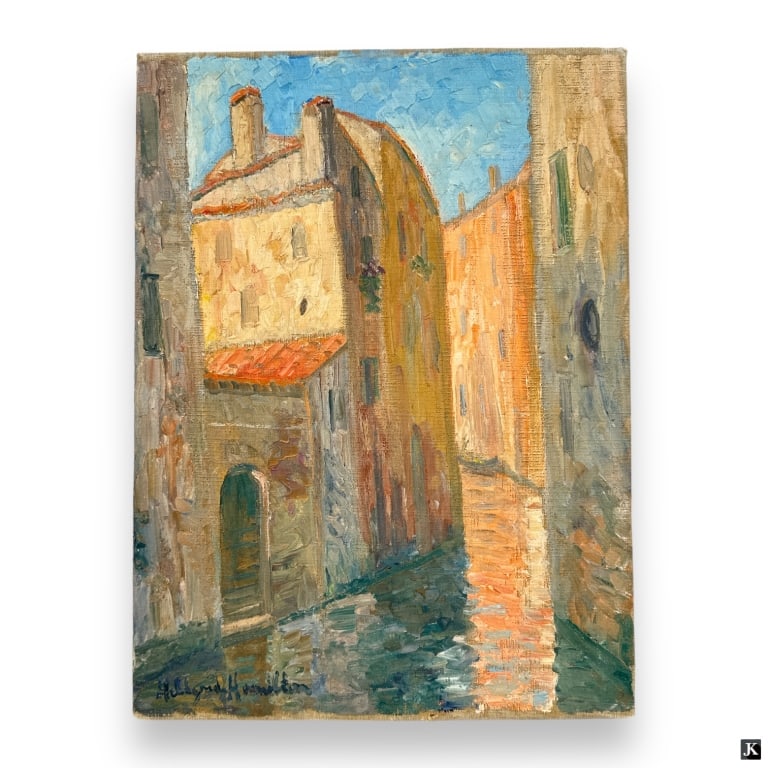 Hildegarde Hamilton Post Impressionist Oil/Canvas: Hildegarde Hume Hamilton, American (1898 - 1970) Post Impressionist oil on canvas "Canal In Venice". Signed lower right. Inscribed verso. Canvas measures 14" x 10-1/2", unframed. Overall good conditio