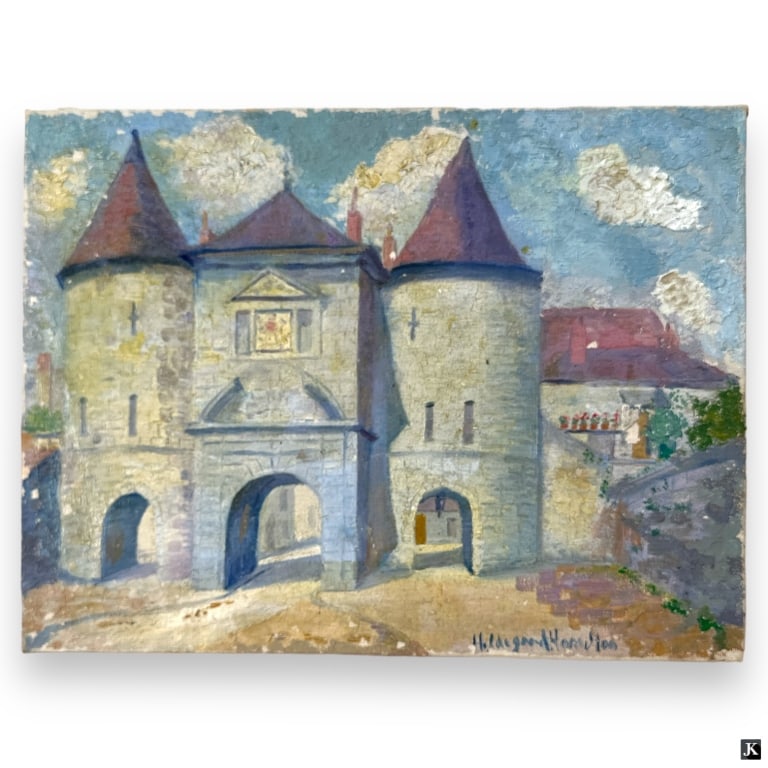 Hildegarde Hamilton Post Impressionist Oil/Canvas: Hildegarde Hume Hamilton, American (1898 - 1970) Post Impressionist oil on canvas "Archways". Signed lower right. Canvas measures 10-1/2" x 14", unframed. Some flaking or in good condition. JD/B13/SH: