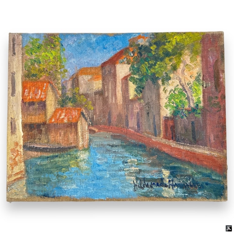 Hildegarde Hamilton Post Impressionist Oil/Canvas: Hildegarde Hume Hamilton, American (1898 - 1970) Post Impressionist oil on canvas "Venice". Signed lower right, inscribed verso. Canvas measures 10-5/8" x 13-3/4", unframed. Good condition. JD/B13/SH: