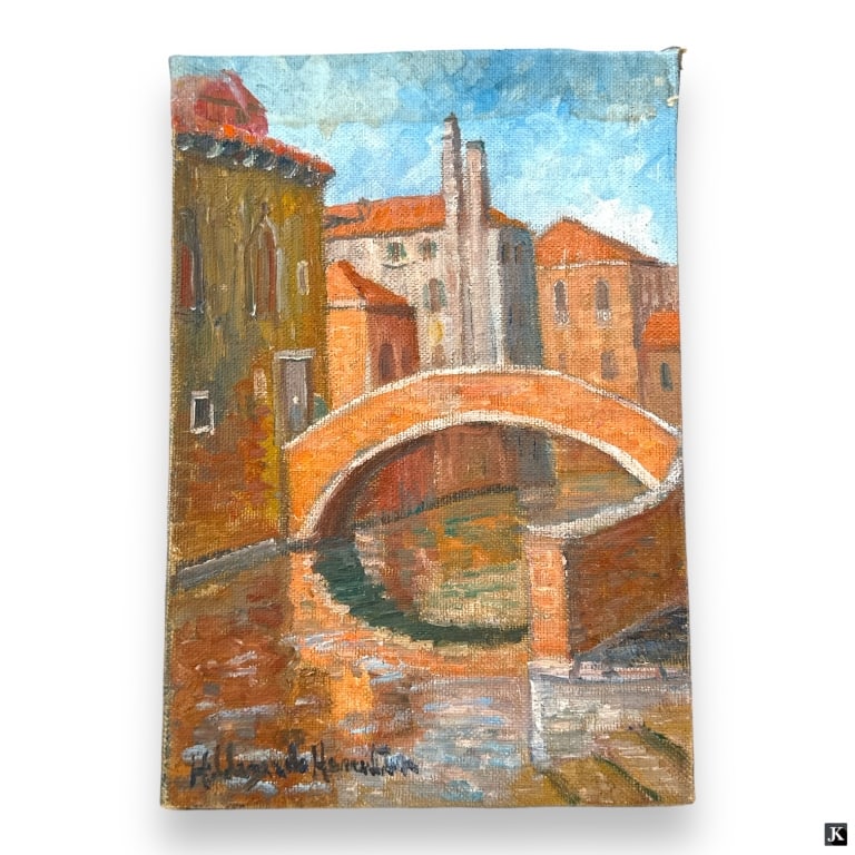 Hildegarde Hamilton Post Impressionist Oil/Canvas: Hildegarde Hume Hamilton, American (1898 - 1970) Post Impressionist oil on canvas "Bologna, Italy". Signed lower left. Inscribed by the artist verso. Canvas measures 13" x 9", unframed. Overall goodco