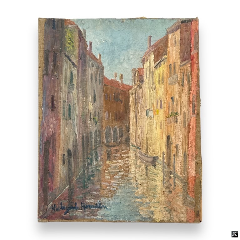 Hildegarde Hamilton Post Impressionist Oil/Canvas: Hildegarde Hume Hamilton, American (1898 - 1970) Post Impressionist oil on canvas "Venice, Italy". Signed lower left.. Canvas measures 14" x 11", unframed. Overall good condition no crazing or restora