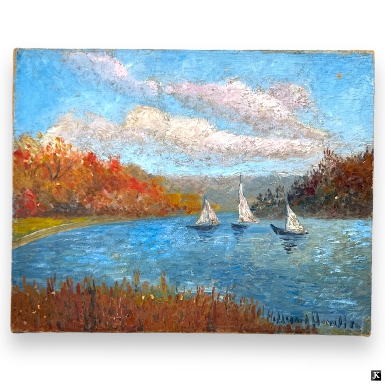 Hildegarde Hamilton Post Impressionist Oil/Canvas: Hildegarde Hume Hamilton, American (1898 - 1970) Post Impressionist oil on canvas "Sailboats". Signed lower right. Canvas measures 11" x 14", unframed. Overall good condition no crazing or restoration