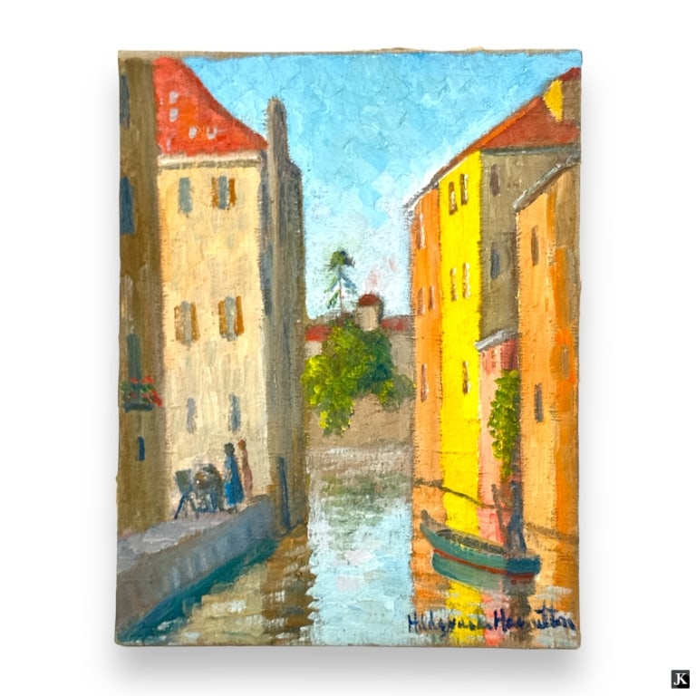 Hildegarde Hamilton Post Impressionist Oil/Canvas: Hildegarde Hume Hamilton, American (1898 - 1970) Post Impressionist oil on canvas "Grand Canal, Venice". Signed lower right. Inscribed by artist, verso. Canvas measures 14" x 11", unframed. Overall go