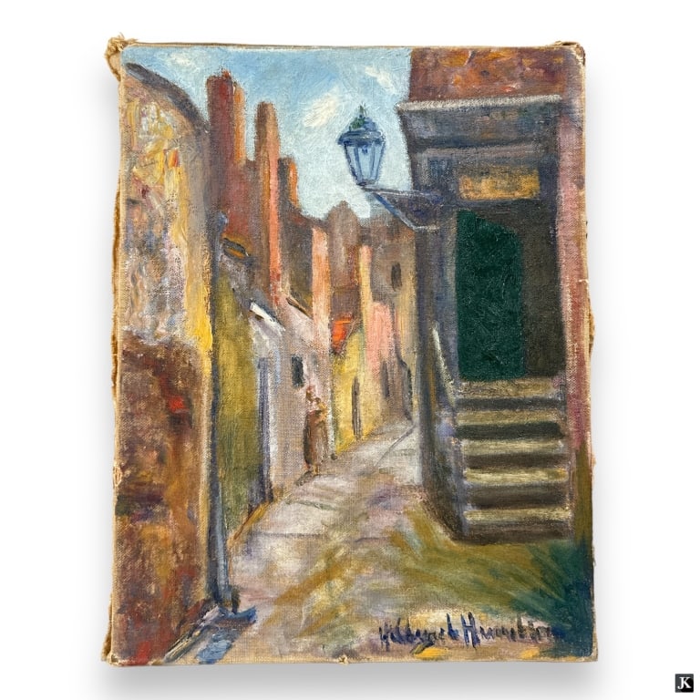 Hildegarde Hamilton Post Impressionist Oil/Canvas: Hildegarde Hume Hamilton, American (1898 - 1970) Post Impressionist oil on canvas "Goodwyn Court, London". Signed lower right. Inscribed by artist, verso. Canvas measures 14" x 10-3/4", unframed. Over