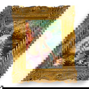 Christina Morton Oil/Canvas Board "Bathing Nude": Christina Morton, American (1878 - 1957) Post impressionist style oil on canvas board "Bathing Nude". Signed lower right. Good condition. Measures 16" x 12", Frame measures 22-3/4" x 18-3/4". JD/B13/S