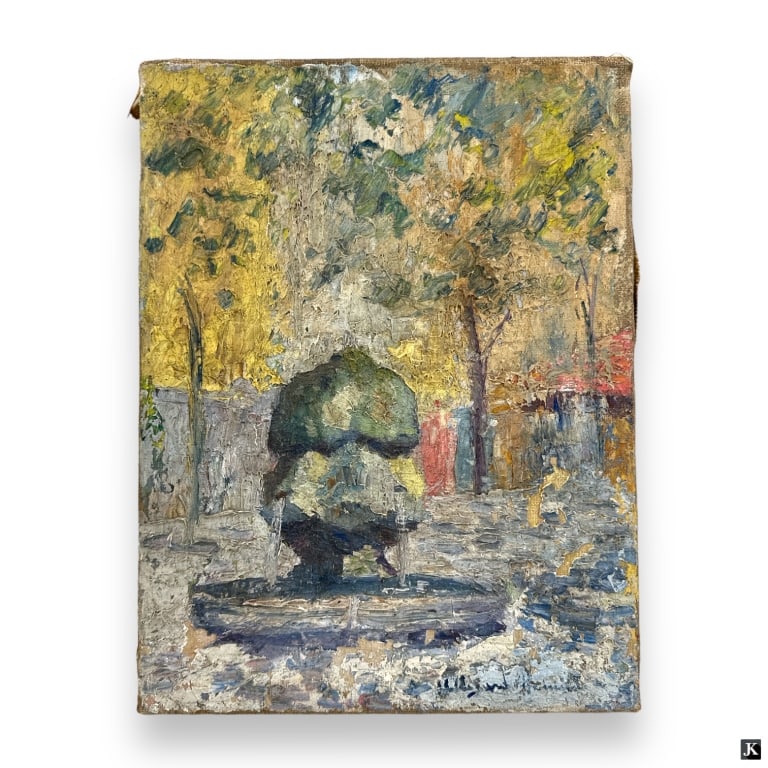 Hildegarde Hamilton Post Impressionist Oil/Canvas: Hildegarde Hume Hamilton, American (1898 - 1970) Post Impressionist oil on canvas "Warm Water Fountain, Provence, France". Signed lower right. Inscribed by artist, verso. Canvas measures 14" x 10-1/2"