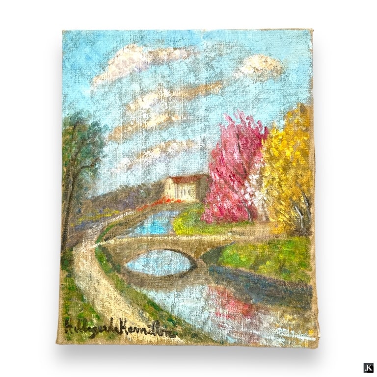 Hildegarde Hamilton Post Impressionist Oil/Canvas: Hildegarde Hume Hamilton, American (1898 - 1970) Post Impressionist oil on canvas "Countryside". Signed lower left. Canvas measures 14" x 11", unframed. Overall good condition no crazing or restoratio
