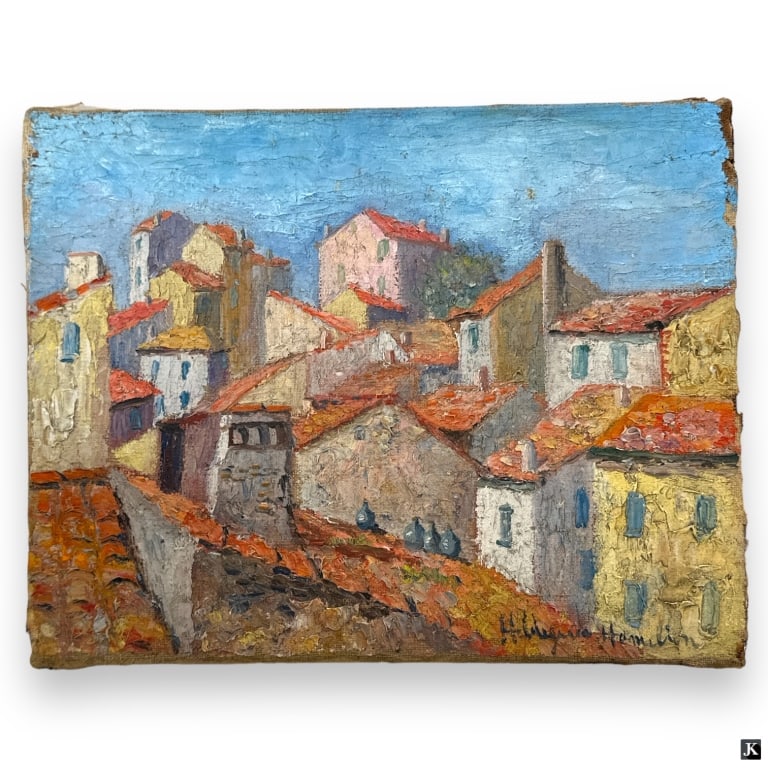 Hildegarde Hamilton Post Impressionist Oil/Canvas: Hildegarde Hume Hamilton, American (1898 - 1970) Post Impressionist oil on canvas "Rooftops" Signed lower right. Canvas measures 10-1/2" x 13-1/2", unframed. Good condition. JD/B13/SH:8A