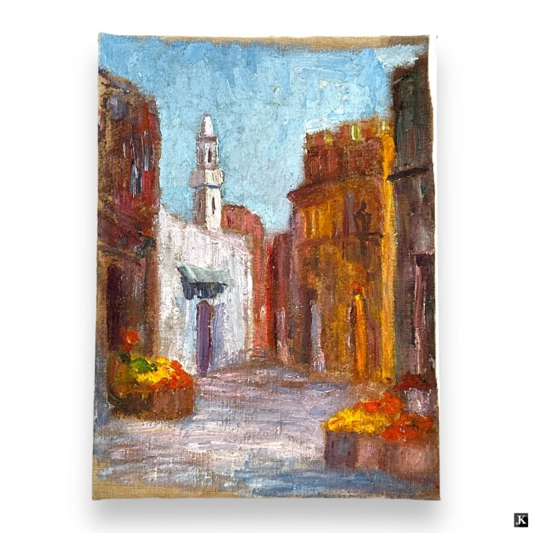 Hildegarde Hamilton Post Impressionist Oil/Canvas: Hildegarde Hume Hamilton, American (1898 - 1970) Post Impressionist oil on canvas "Algiers, Africa" Estate stamped and inscribed verso. Canvas measures 14-1/2" x 11", unframed. Good condition. JD/B13/