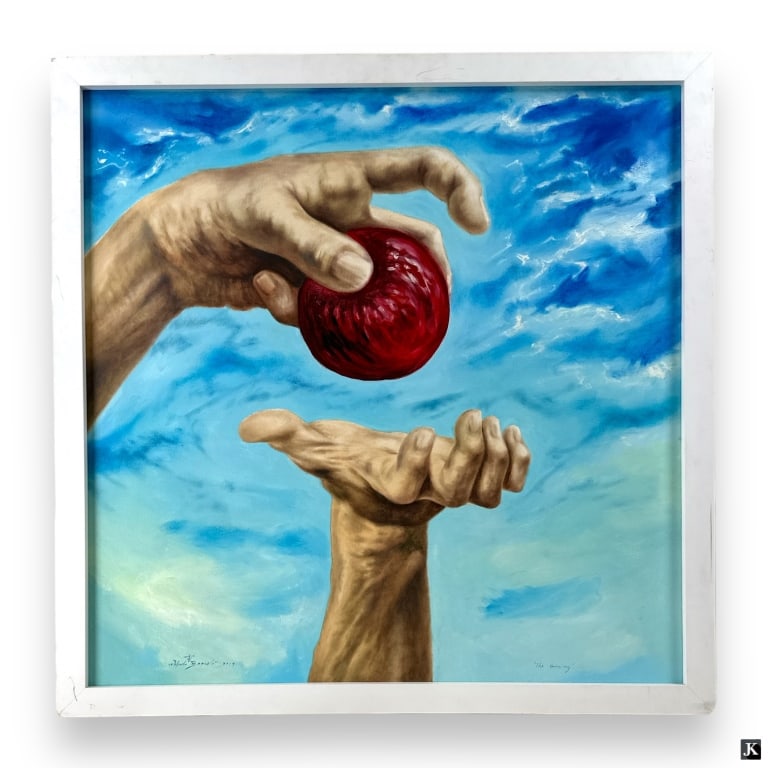 Wilfredo Barcelo (CUBA B1971) "The Giving" Oil: Wilfredo Barcelo (CUBAN, Born 1971) oil painting on canvas depicting a hand with apple giving it to another hand. Signed to lower left and dated 2017. Titled "The Giving" to lower right. Mounted in a 