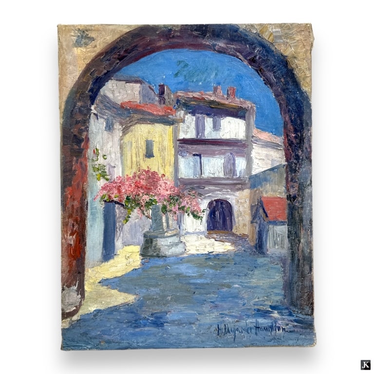 Hildegarde Hamilton Post Impressionist Oil/Canvas: Hildegarde Hume Hamilton, American (1898 - 1970) Post Impressionist oil on canvas "Patio in Provence" Signed lower right and inscribed verso. Canvas measures 13-3/4" x 10-3/4", unframed. Good conditio