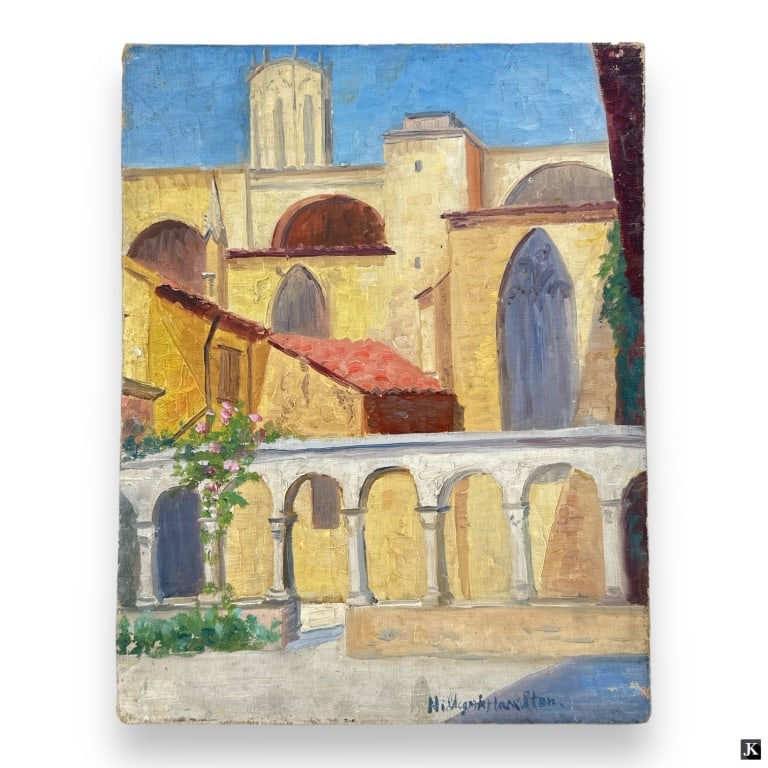 Hildegarde Hamilton Post Impressionist Oil/Canvas: Hildegarde Hume Hamilton, American (1898 - 1970) Post Impressionist oil on canvas "Cathedral Patio" Signed lower right. Canvas measures 13-1/2" x 10-1/2", unframed. Good condition. JD/B13/SH:8A