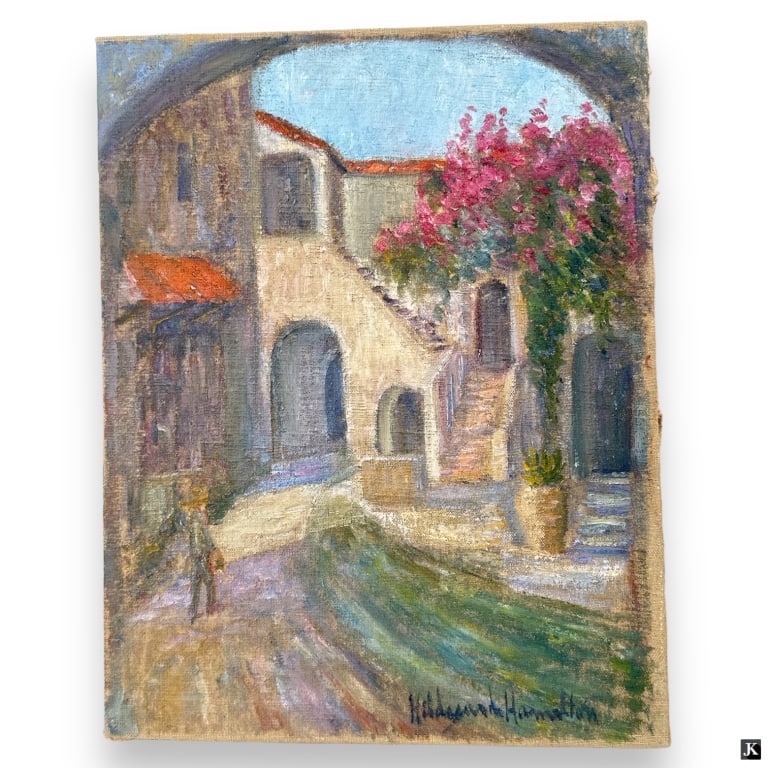 Hildegarde Hamilton Post Impressionist Oil/Canvas: Hildegarde Hume Hamilton, American (1898 - 1970) Post Impressionist oil on canvas "Village Road". Signed. Canvas measures 14" x 11", unframed. Good condition.JD/B13/SH:8A