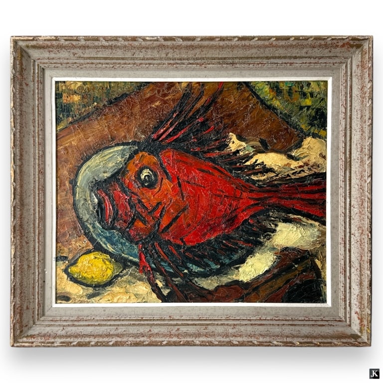 Sacha de Puchalo (20C) Oil/Canvas: Sacha de Puchalo (20C) Oil on Canvas. Heavy impasto "Fish on a Plate". Signed upper left. Some craquelure or in good condition. Measures 15" x 18-1/4", frame measures 19" x 22-1/4". JD/B13/SH:13A