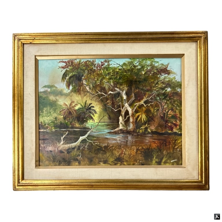 Phil Gredell (USA 20th) Landscape Oil On Canvas: Phil Gredell (AMERICAN, 20th Century) oil painting on canvas depicting a landscape scene. Signed to lower right. Mounted in a gold leaf wooden frame with mat. Canvas on stretcher measures approx. 18" 