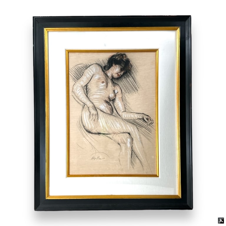 Vintage Charcoal Drawing "Female Nude": Vintage Charcoal Drawing on Paper "Female Nude". Signed Hellen. Framed under glass, Good condition. Measures 19" x 13-1/2" (sight), frame measures 29-3/4" x 24-1/4".JD/B13/SH:13A