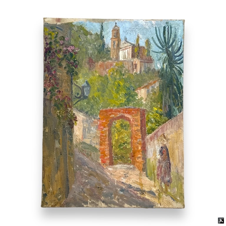 Hildegarde Hamilton Post Impressionist Oil/Canvas: Hildegarde Hume Hamilton, American (1898 - 1970) Post Impressionist oil on canvas "Cathedral on the Hill" Estate stamp verso. Canvas measures 14" x 10-1/2", unframed. Good condition. JD/B13/SH:8A