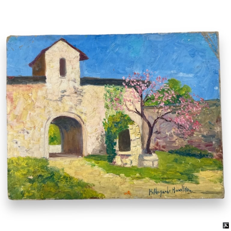 Hildegarde Hamilton Post Impressionist Oil/Canvas: Hildegarde Hume Hamilton, American (1898 - 1970) Post Impressionist oil on canvas "Gate House". Signed lower right. Canvas measures 10-1/2" x 13-1/2", unframed. Overall good condition no crazing or re