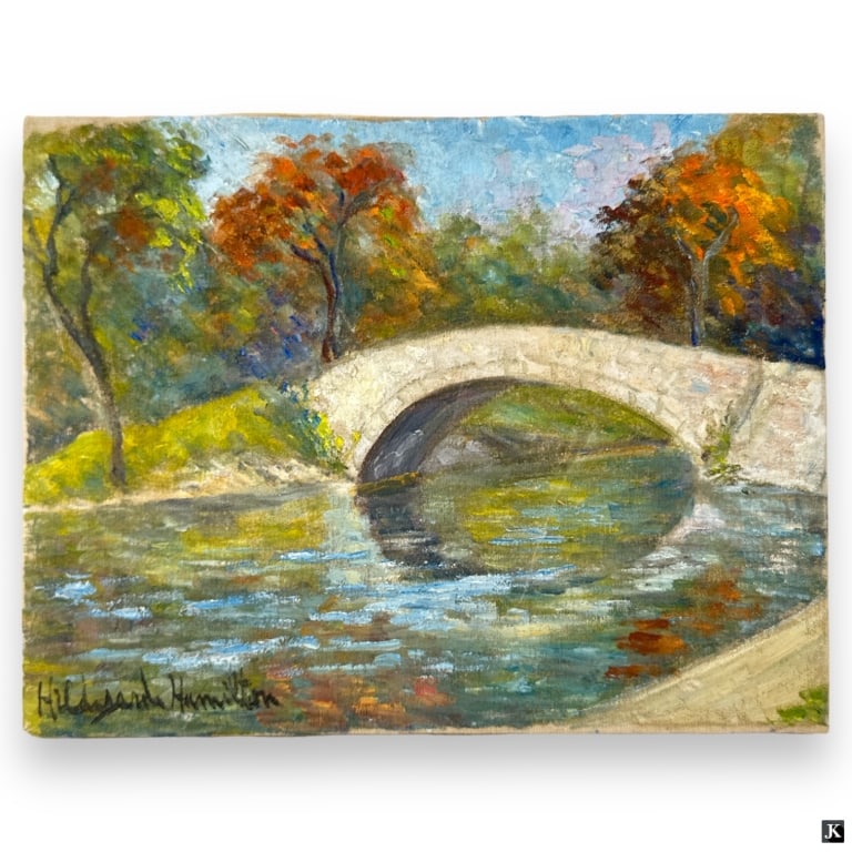 Hildegarde Hamilton Post Impressionist Oil/Canvas: Hildegarde Hume Hamilton, American (1898 - 1970) Post Impressionist oil on canvas "Arched Country Bridge". Signed lower right. Canvas measures 10-3/4" x 14", unframed. Overall good condition no crazin