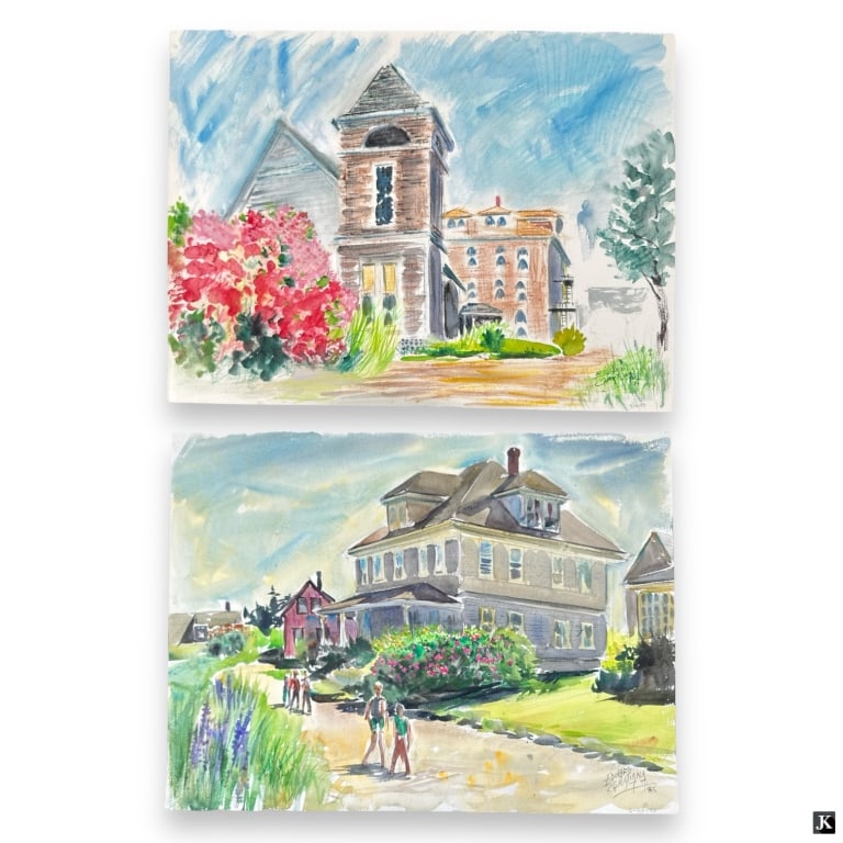Edward Christiana 2 Watercolor/Paper Paintings: Edward Christiana, American (1912-1992) Two (2) Watercolor on Paper Paintings. Includes: "Island Road with Houses, 1983"; "Community Church, Monhegan, 1989". Both paintings are signed on front in pain