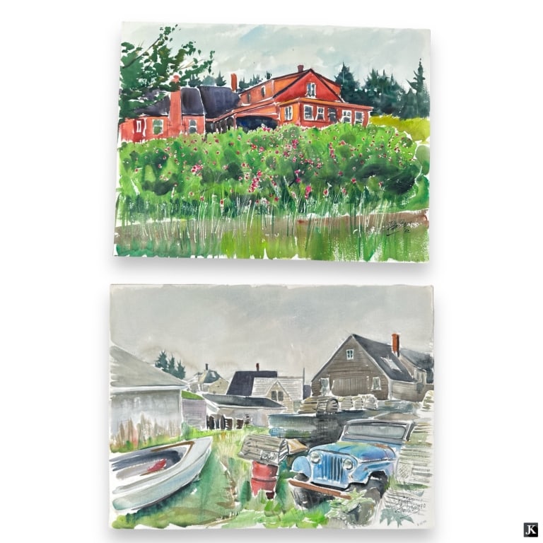 Edward Christiana 2 Watercolor/Paper Paintings: Edward Christiana, American (1912-1992) Two (2) Watercolor on Paper Paintings. Includes: By The Periwinkle, Monhegan, 1980"; "Red Cottage and Roses, Monhegan, 1982". Both paintings are signed on front