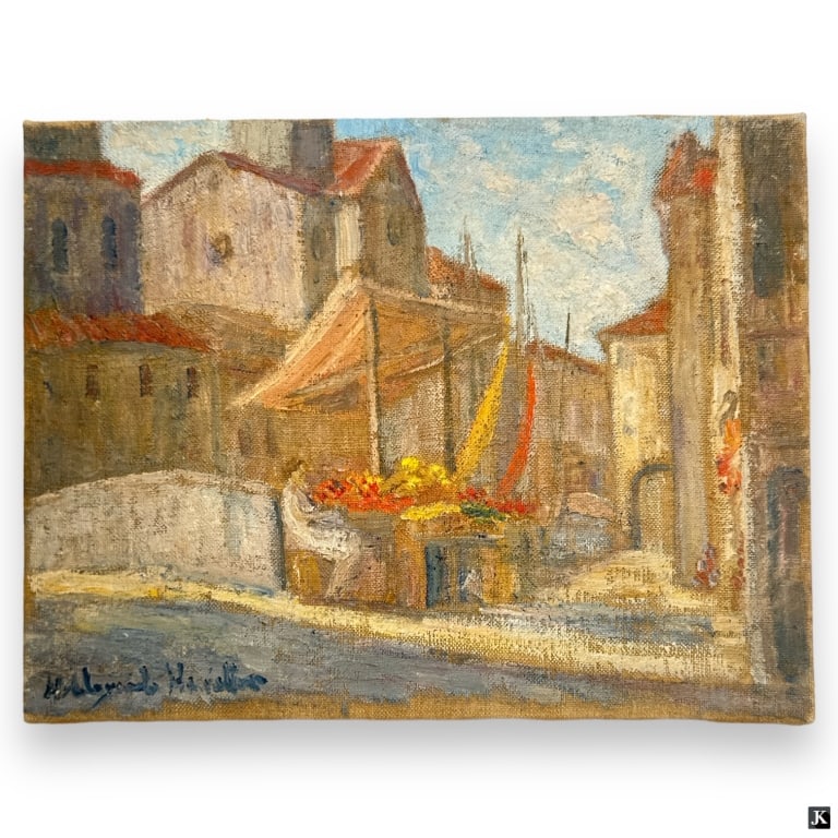 Hildegarde Hamilton Post Impressionist Oil/Canvas: Hildegarde Hume Hamilton, American (1898 - 1970) Post Impressionist oil on canvas "Market Stall". Signed lower left. Canvas measures 10-1/2" x 13-5/8", unframed. Overall good condition no crazing or r