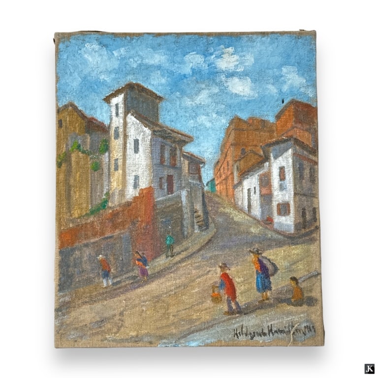 Hildegarde Hamilton Post Impressionist Oil/Canvas: Hildegarde Hume Hamilton, American (1898 - 1970) Post Impressionist oil on canvas "Quito, Ecuadore". Signed lower right. Dated 1965. Inscribed by artist verso. Canvas measures 18" x 15", unframed. Ove