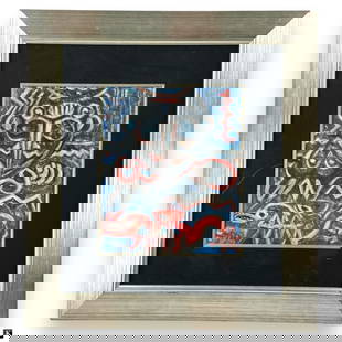 Rodolfo Nieto (MEXICO 1936-1985) Tribal Oil/Paper: Rodolfo Nieto (MEXICAN / LATIN AMERICA /FRANCE, 1936 - 1985) oil painting on paper having a tribal design with mask. Signed to lower left. Mounted in a silver painted wooden frame with mat behind acry