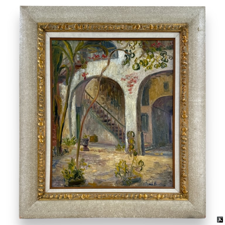 Hildegarde Hamilton Oil/Canvas "New Orleans Patio": Hildegarde Hume Hamilton,American (1898 - 1970) Oil on Canvas "New Orleans Patio". Signed. Inscribed by artist verso. Good condition. Measures 24" x 19-1/2". frame measures 32-1/4" x 28-1/4". JD/B13/S