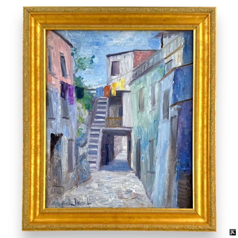 Hildegarde Hamilton Oil/Canvas "Out to Dry": Hildegarde Hamilton, American (1898-1970) Oil on Canvas "Out to Dry", Depicting a quiet street with colorful clothes hanging "Out to Dry". Signed lower left. Good condition. Measures 18" x 15", frame 