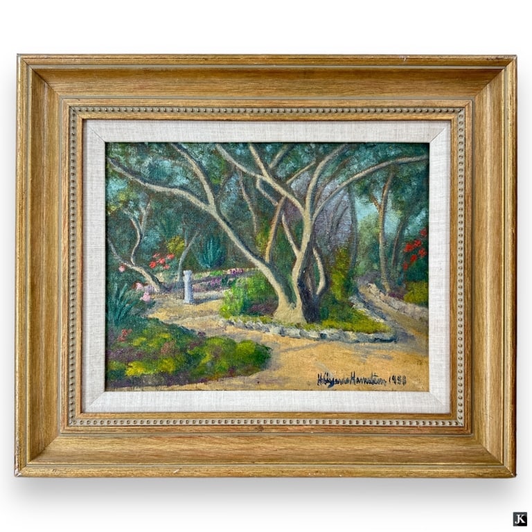 Hildegarde Hamilton Post Impressionist Oil/Canvas: Hildegarde Hume Hamilton, American (1898 - 1970) Post Impressionist oil on canvas "Path Through the Woods". Signed lower right, Dated 1958. Canvas measures10-3/4" x 14", gilt frame measures 17" x 20" 