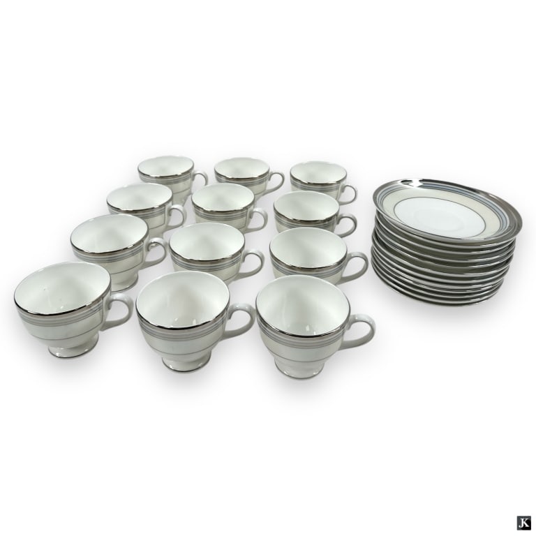 24 Pcs Wedgwood Pacific Stripe Cups & Saucers: 24 pieces of Lustreware Pacific Stripe by Wedgwood. The lots consists or 12 footed cup and saucer sets . All pieces are marked appropriately and in good condition. Cups measures 2-3/4". JD/B13/SH:14A