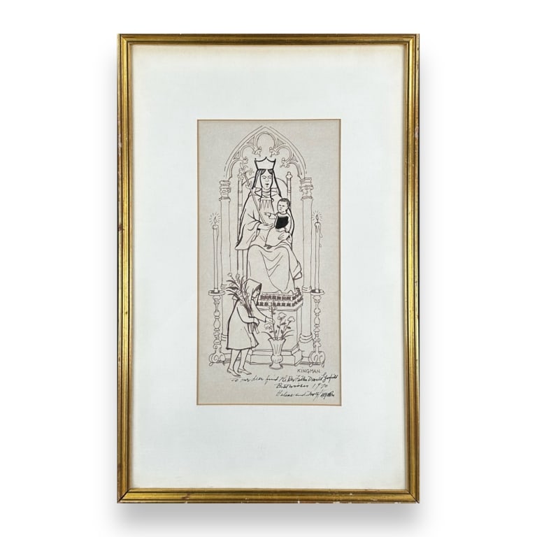 Dong Kingman (USA 1911-200) Ink Madonna & Child: Dong Moy Chu Kingman (UNITED STATES / CALIFORNIA / NEW YORK, 1911 - 2000) Madonna and Child ink work on paper with dedication. Paper measures approx. 12 1/2" height x 6 1/4" width to sight. Measures a