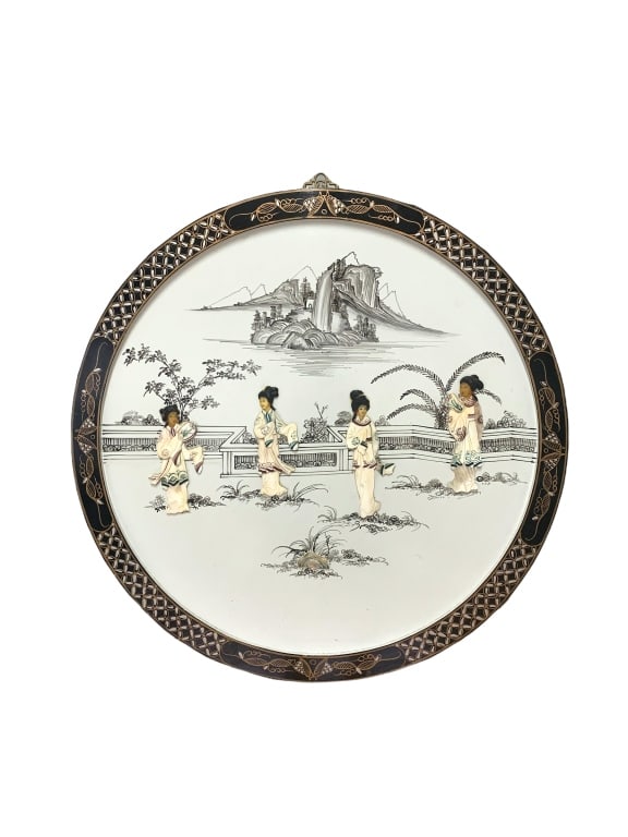 Chinese Mother Of Pearl Inlay Maidens Wall Plaque: A contemporary Chinese large round wall plaque depicting four maidens crafted of mother of pearl and faux bone in a hand painted Imperial garden scene over white ground. Rim with black lacquer and fin