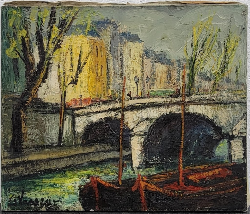 Signed Oil on Canvas, Bridge over River in City (1 of 3)