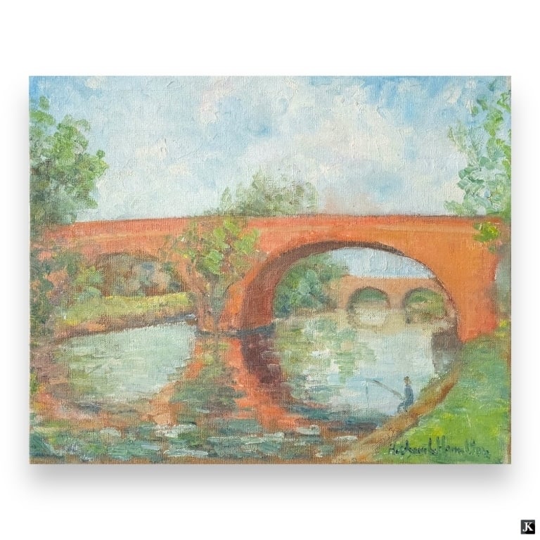 HILDEGARDE HUME HAMILTON (FL/VA, 1898-1970): HILDEGARDE HUME HAMILTON (FL/VA, 1898-1970) Oil on canvas depicting person fishing in the river beside bridge arches. Approx: 15 H x 18 W. Signed lower right. Unframed. JD/B13/SH:13B