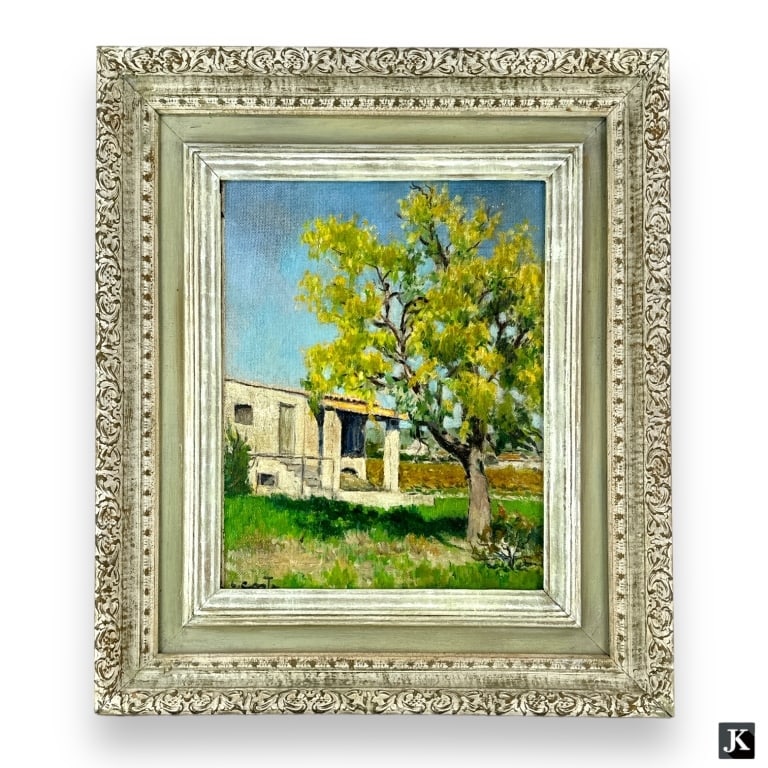 Attr Olga Costa (MEXICO 1913-1994) Oil On Masonite: Attributed to Olga Costa (MEXICAN / UNITED STATES, 1913 - 1994) oil painting on masonite artist board depicting a landscape scene with cottage and tree. Signed "O. Costa" to lower left. Titled "Ste An