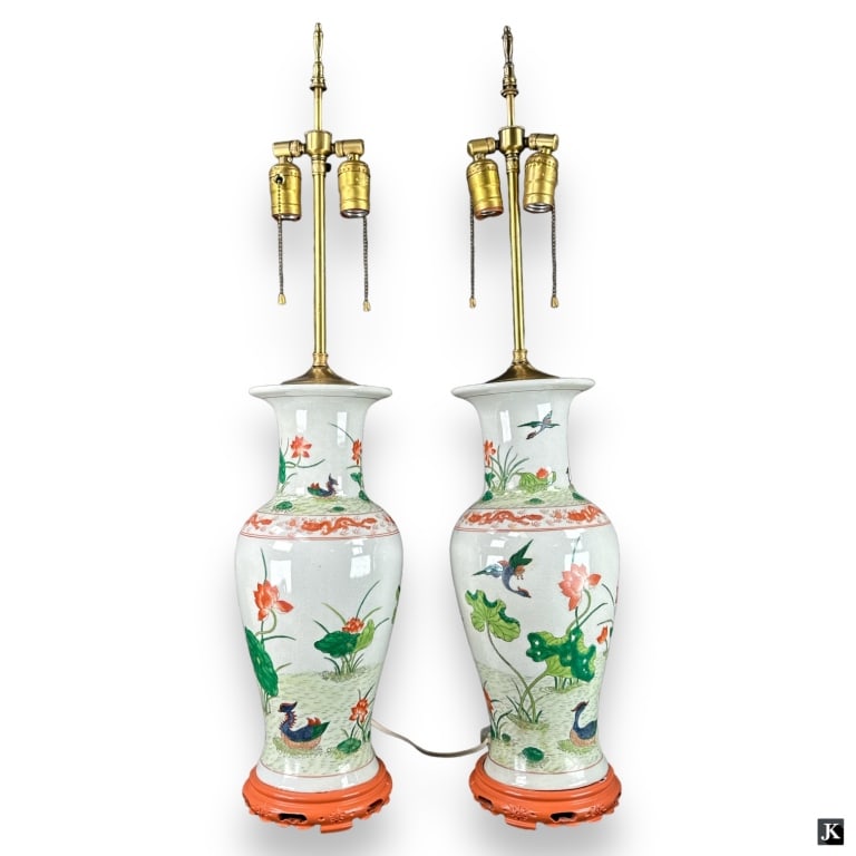 Pr Chinese Famille Verte Ducks Porcelain Vase Lamp (1 of 4)