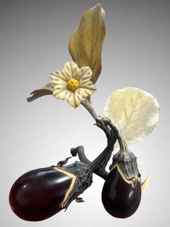 Chinese Antique Eggplant on Branch in Box: Chinese Antique Eggplant on Branch in Box. Dimensions: Approx 7"L EF/B15/SH:12B